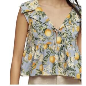 Maeve x Anthropologie Floral Lemon‎ Print Babydoll Blouse Blue Womens Size Small